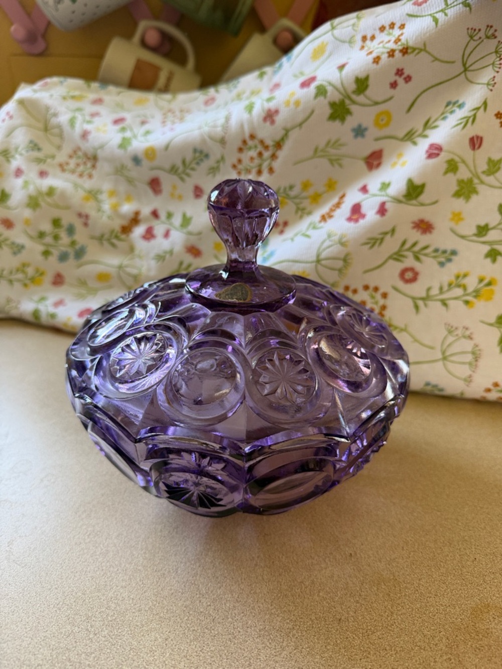 Vintage Fenton Glass Purple Pressed Glass Covered Candy Dish